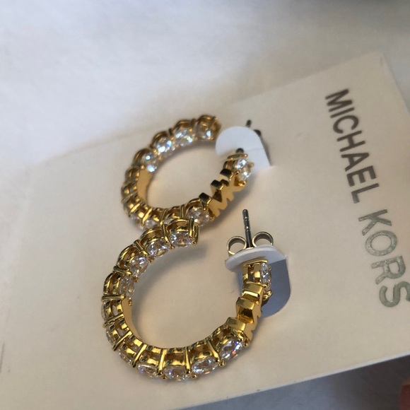 Michael Kors Gold Tone MK Logo & Cubic Zirconia Hoop Earrings NWT - Picture 14 of 16